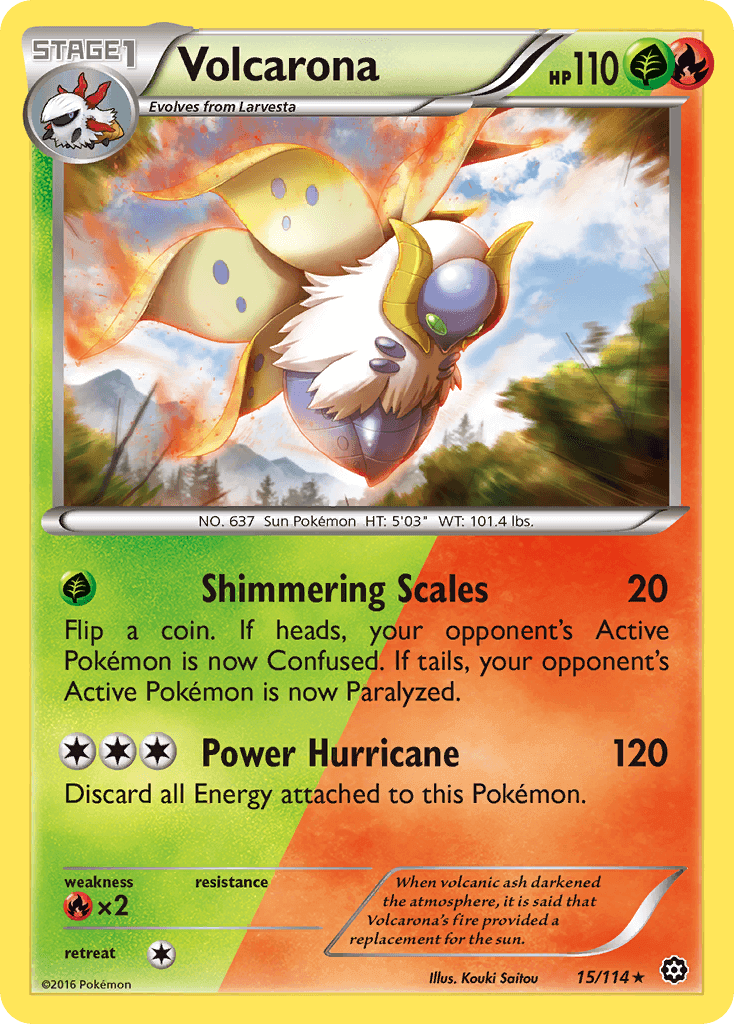 Volcarona (15/114) [XY: Steam Siege] card showcasing Fire and Grass type attacks, featuring Shimmering Scales and Power Hurricane.