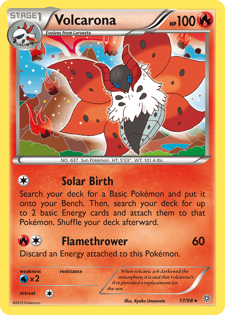 Volcarona (17/98) [XY: Ancient Origins] holo rare Fire type Pokémon card featuring Solar Birth and Flamethrower.