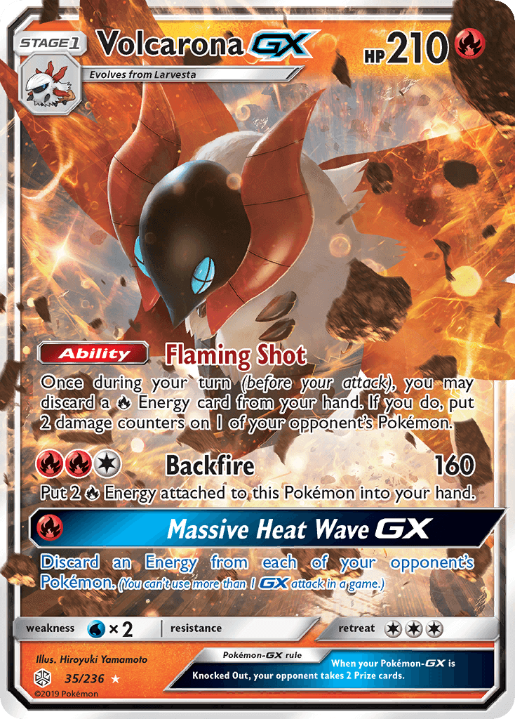 Volcarona GX (35/236) [Sun & Moon: Cosmic Eclipse] featuring card artwork with abilities and stats