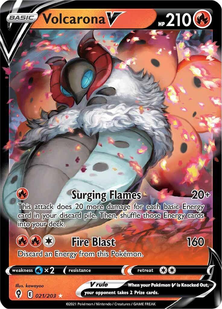 Volcarona V (021/203) [Sword & Shield: Evolving Skies] card featuring Surging Flames and Fire Blast abilities.