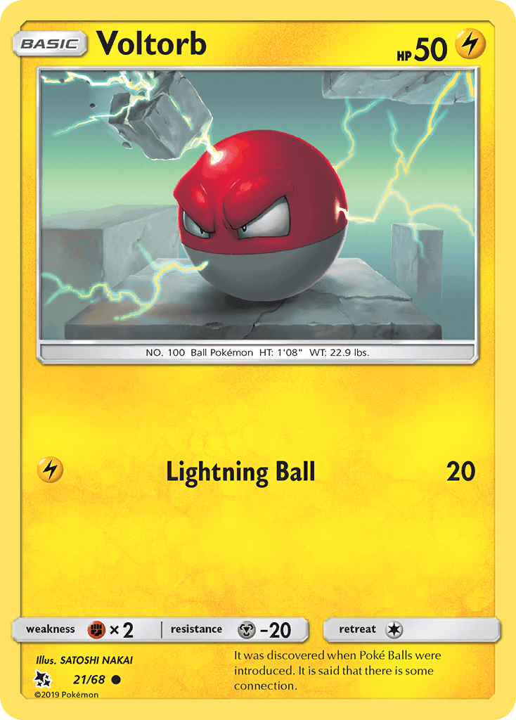 Voltorb (21/68) [Sun & Moon: Hidden Fates] card featuring lightning design and stats.