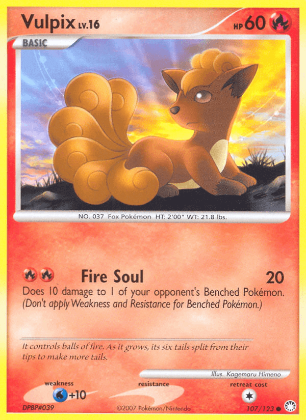 Vulpix (107/123) [Diamond & Pearl: Mysterious Treasures] card showcasing Fire-type Pokémon with special ability.