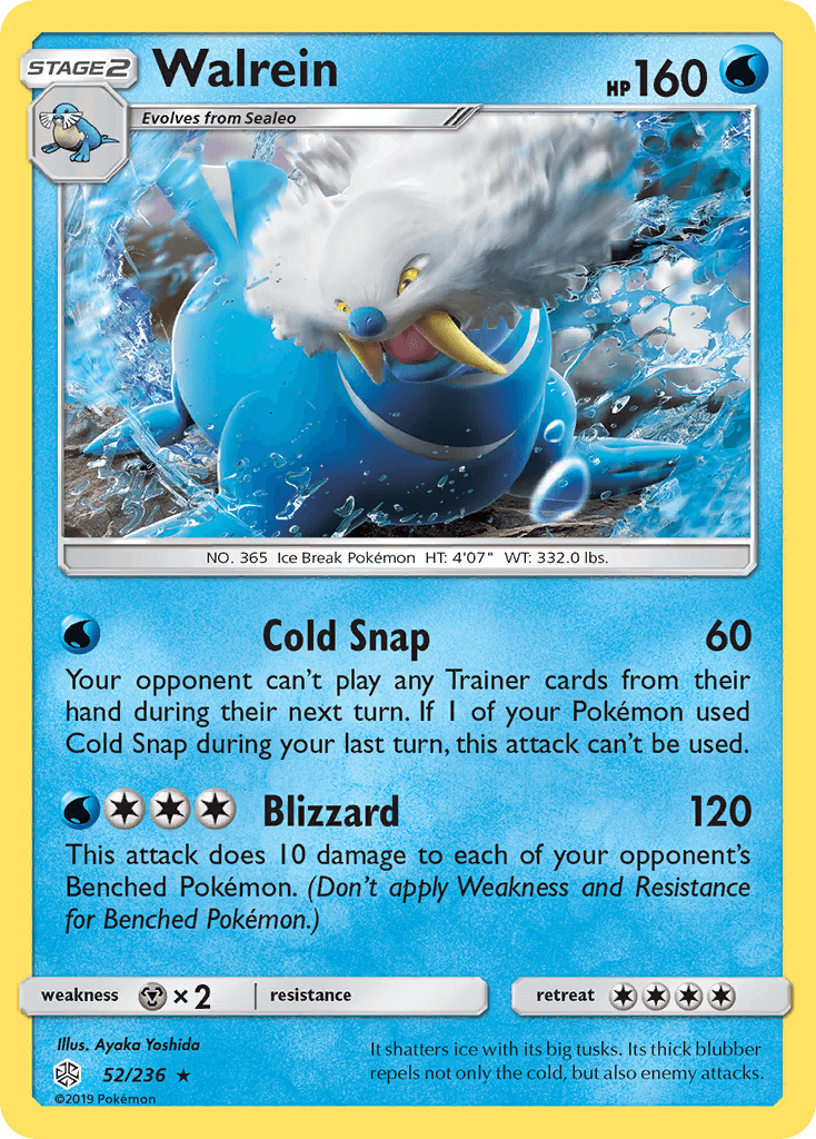 Walrein (52/236) [Sun & Moon: Cosmic Eclipse] card featuring HP 160 and abilities Cold Snap and Blizzard.