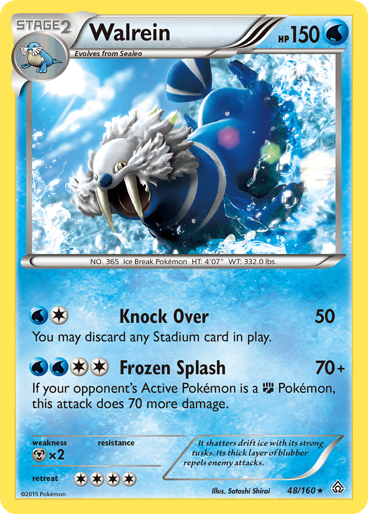 Walrein (48/160) [XY: Primal Clash] card illustration featuring abilities like Knock Over and Frozen Splash.