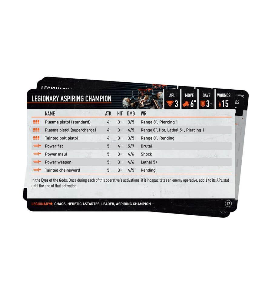 Warhammer 40k Kill Team: Chaos Space Marine Legionaries Datacards featuring Legionary Aspiring Champion stats.