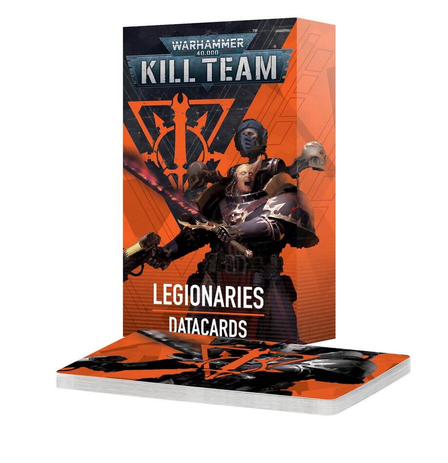 Warhammer 40k Kill Team: Chaos Space Marine Legionaries Datacards packaging and cards display.