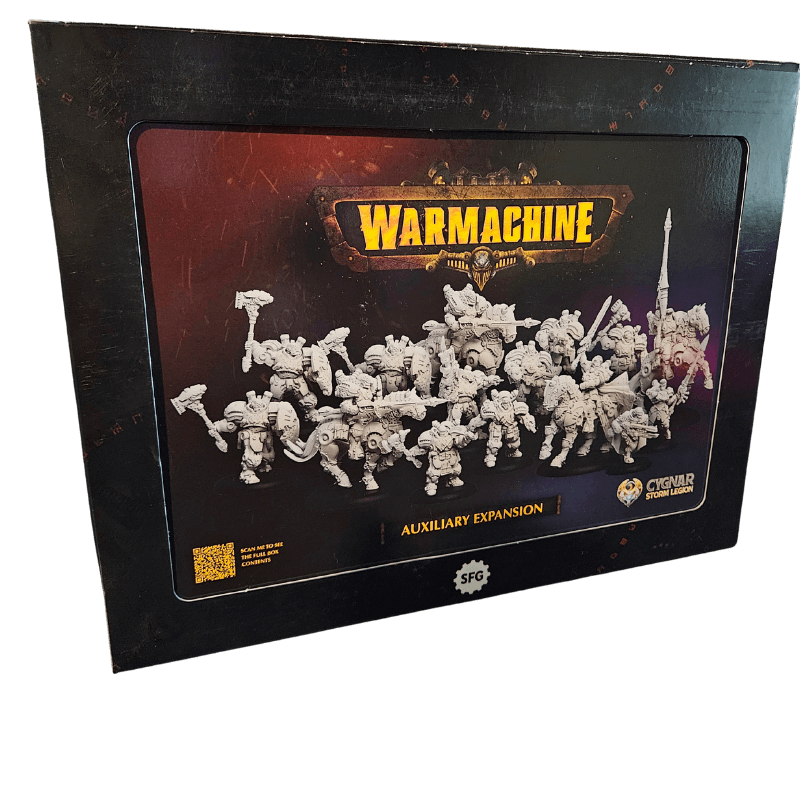 Warmachine: Cygnar - Storm Legion Auxiliary Expansion box showcasing detailed miniatures and game elements.