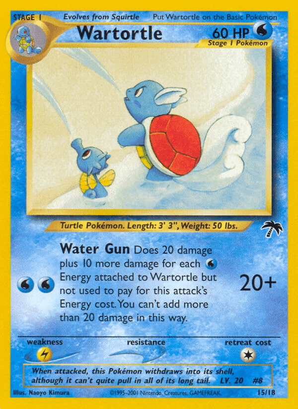 Wartortle (15/18) [Southern Islands] promo card featuring Water Gun attack and Pokémon stats.