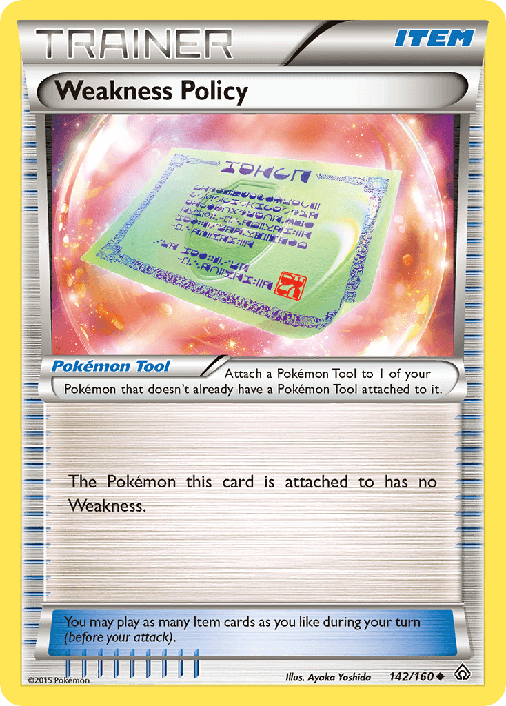 Weakness Policy (142/160) [XY: Primal Clash] Pokémon Tool image featuring item details and effects.