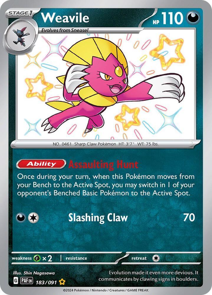 Weavile (183/091) [Scarlet & Violet: Paldean Fates] showcasing the Shiny Rare Dark-type Pokémon.