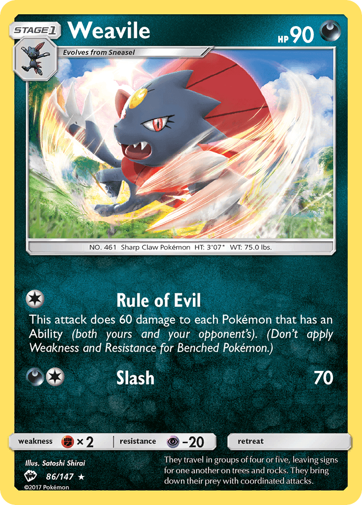Weavile (86/147) [Sun & Moon: Burning Shadows] card showcasing its attack and stats.