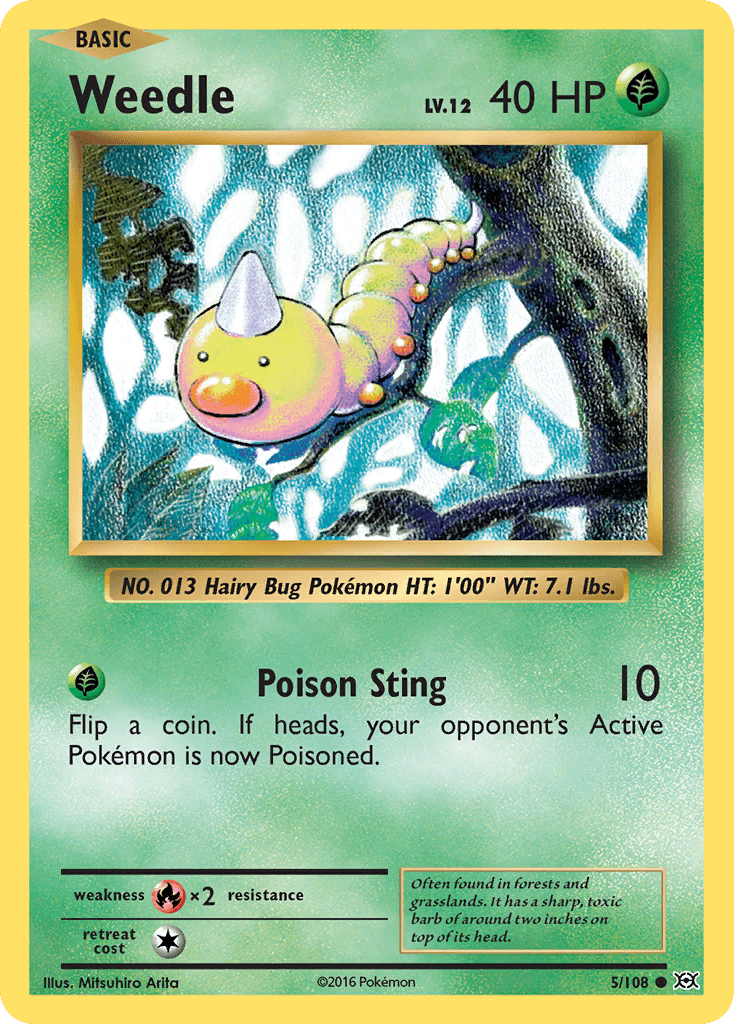 Weedle (5/108) [XY: Evolutions] card showcasing its Poison Sting move and Grass type attributes.