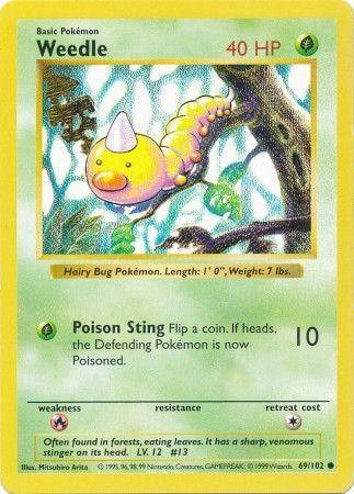 Weedle (69/102) [Base Set Shadowless Unlimited] card showcasing its Grass type and Poison Sting attack.