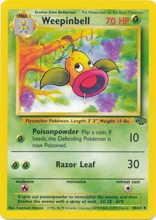 Weepinbell (48/64) [Jungle Unlimited] trading card showcasing Poisonpowder and Razor Leaf moves.