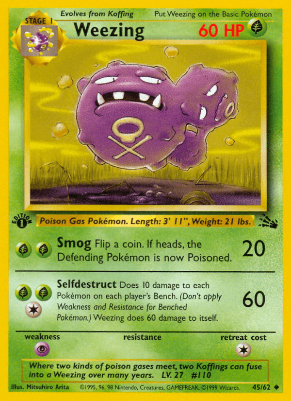 Weezing (45/62) [Fossil 1st Edition] card featuring attack details and rarity information.