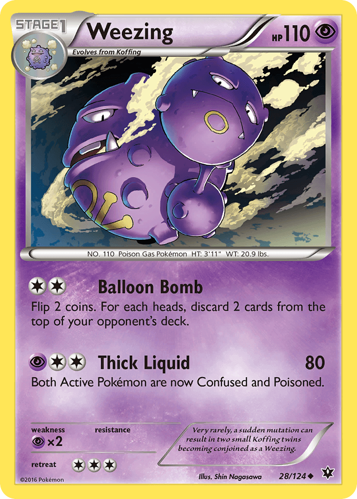 Weezing (28/124) [XY: Fates Collide] card featuring abilities Balloon Bomb and Thick Liquid.