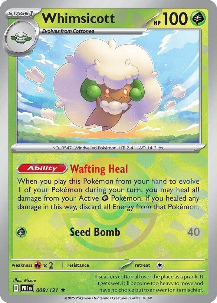 Whimsicott (008/131) (Poke Ball Pattern) [Scarlet & Violet: Prismatic Evolutions] card displaying Wafting Heal ability.