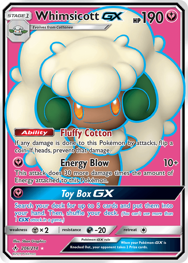 Whimsicott GX (206/214) [Sun & Moon: Unbroken Bonds] card featuring ability details and attack descriptions.