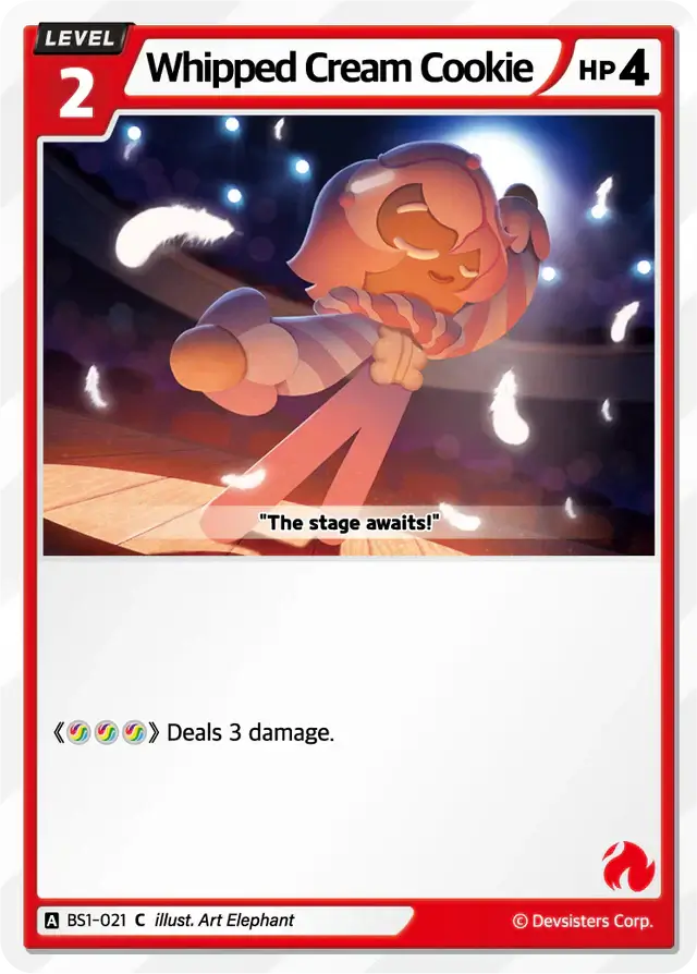 Whipped Cream Cookie BS1-021 C | Common Card features a joyful character performing on stage with vibrant effects.