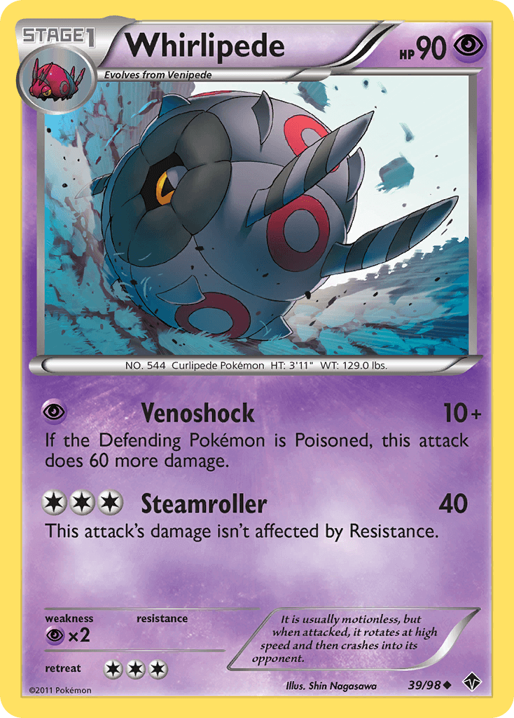 Whirlipede (39/98) [Black & White: Emerging Powers] Psychic Pokémon card with attacks Venoshock and Steamroller.
