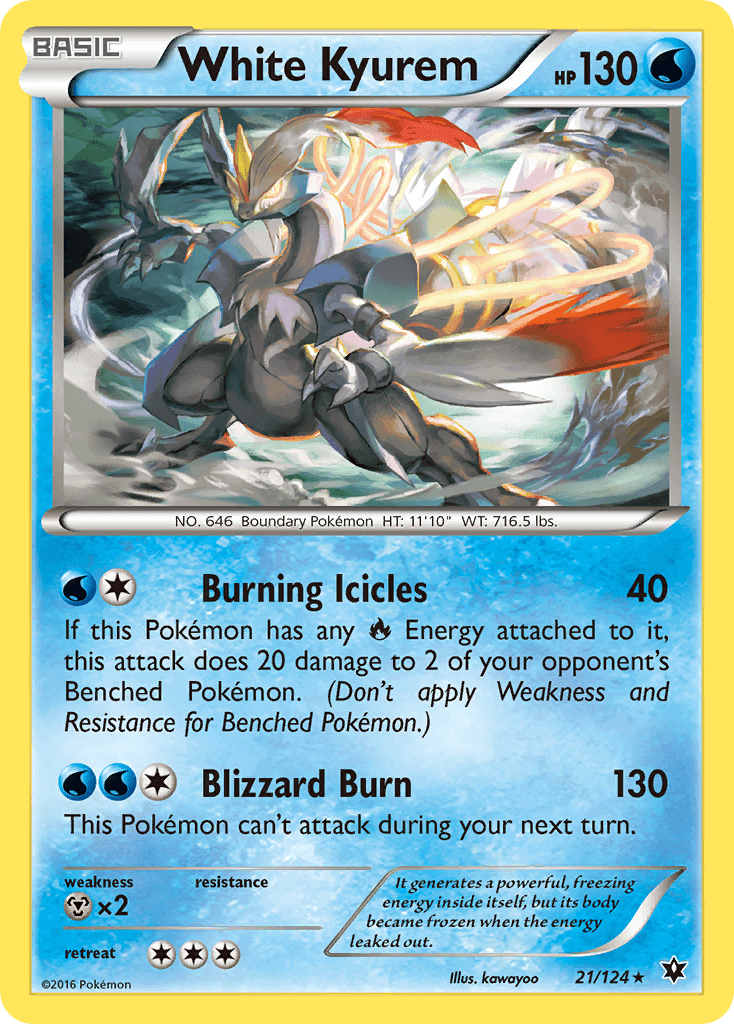 White Kyurem (21/124) [XY: Fates Collide] card showcasing Burning Icicles and Blizzard Burn attacks.