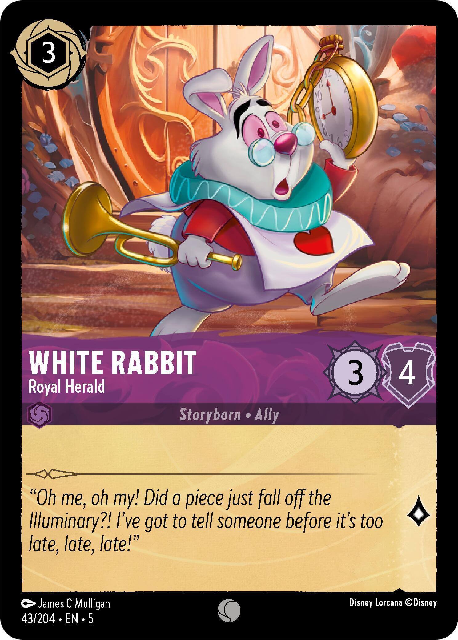 Image of White Rabbit - Royal Herald (43/204) [Shimmering Skies] card featuring the character and flavor text.