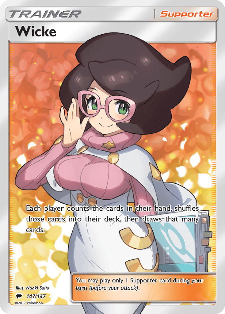 Wicke (147/147) [Sun & Moon: Burning Shadows] card featuring the trainer Wicke with vibrant background.