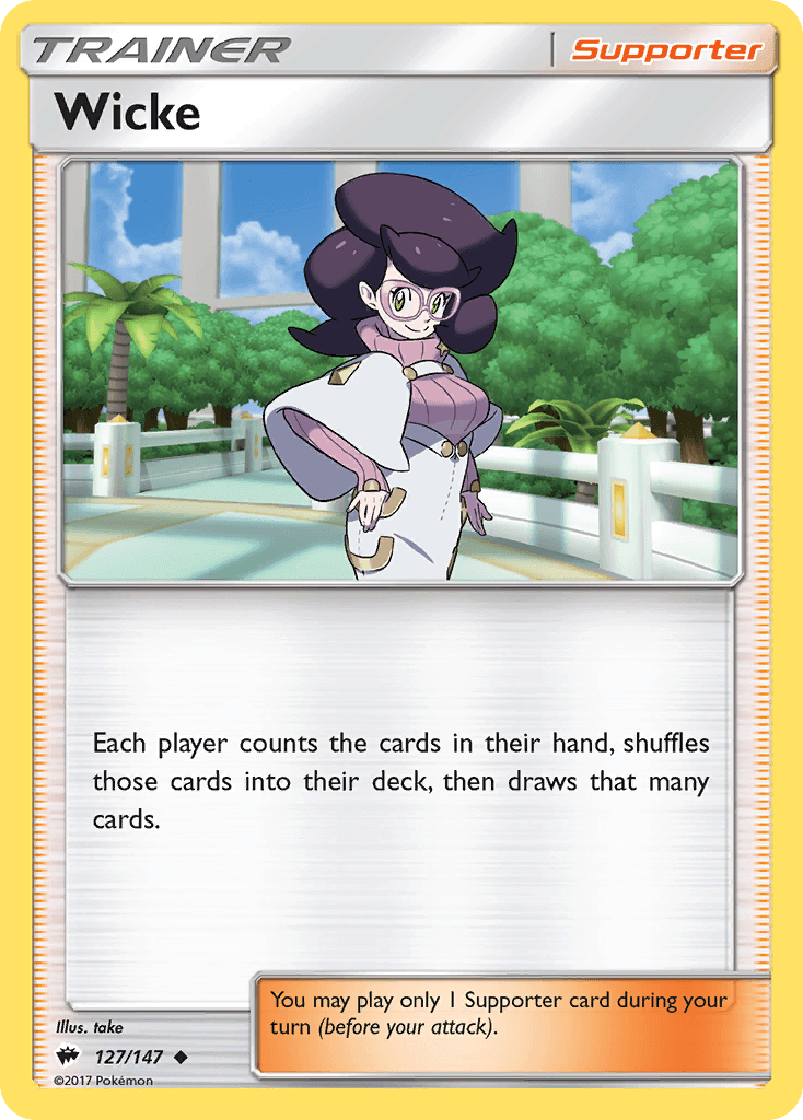Wicke (127/147) [Sun & Moon: Burning Shadows] Supporter card illustration showing gameplay instructions.