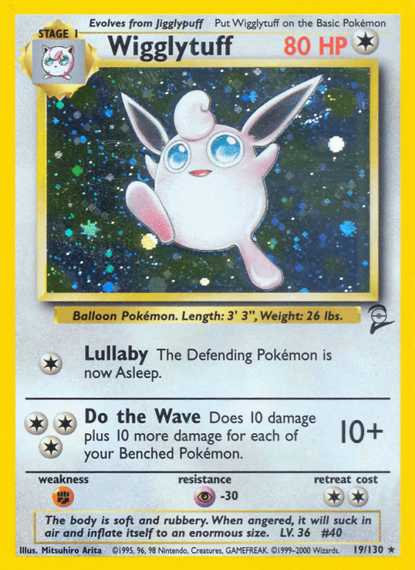 Wigglytuff (19/130) [Base Set 2] holographic card featuring its abilities and description.
