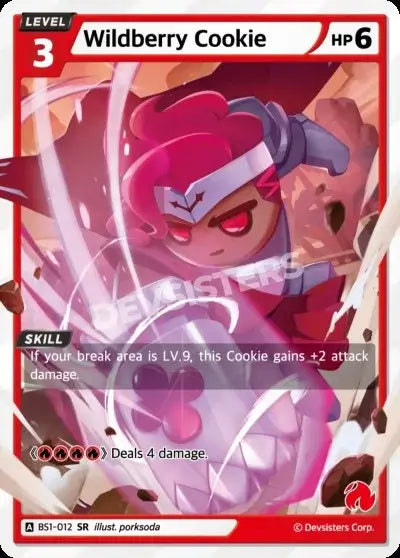 Wildberry Cookie (BS1-012) – Brave Sweet | Cookie Run SR TCG Rare Card features detailed artwork and skill stats.