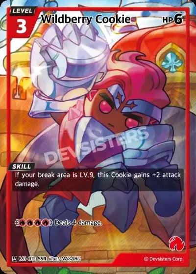 Wildberry Cookie (BS1-012) SSR – Brave Sweet | Cookie Run TCG Super Special Rare Card featuring artwork and stats.