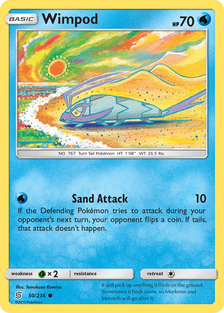 Wimpod (50/236) [Sun & Moon: Unified Minds] Pokémon card featuring vibrant water colors and attack details.