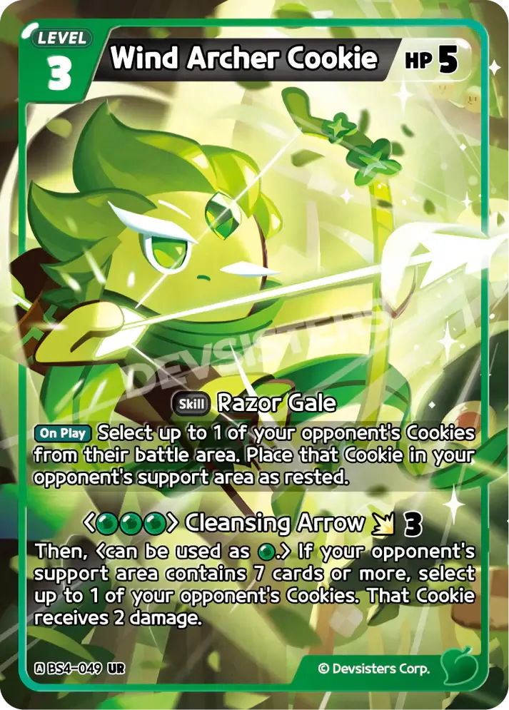 Wind Archer Cookie (BS4-049) UR – Brave Sweet | Cookie Run TCG Ultra Rare Card showcasing skill details and vibrant design.