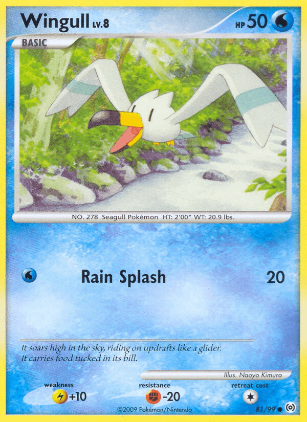Wingull (81/99) [Platinum: Arceus] features a Water-type Pokémon in a scenic background with the attack Rain Splash.