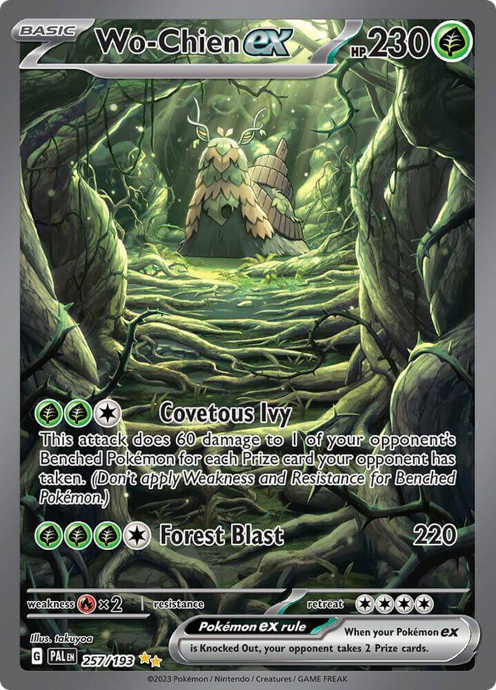 Wo-Chien ex (257/193) [Scarlet & Violet: Paldea Evolved] featuring Covetous Ivy attack and Forest Blast in a lush forest.