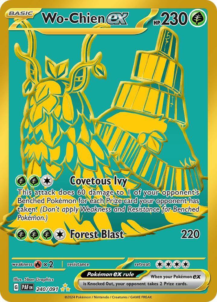 Wo-Chien ex (240/091) [Scarlet & Violet: Paldean Fates] card showcasing Covetous Ivy and Forest Blast moves.