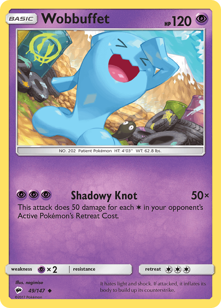 Wobbuffet (49/147) [Sun & Moon: Burning Shadows] card showcasing Shadowy Knot move and Psychic type details.