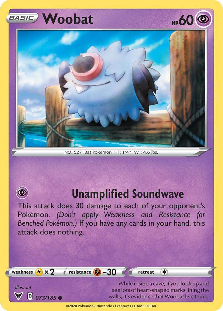 Woobat (073/185) [Sword & Shield: Vivid Voltage] Psychic Pokémon card displaying Unamplified Soundwave.