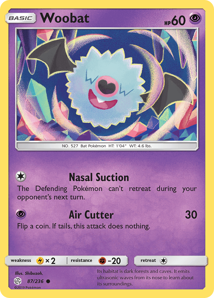 Woobat (87/236) [Sun & Moon: Cosmic Eclipse] featuring Nasal Suction and Air Cutter moves.