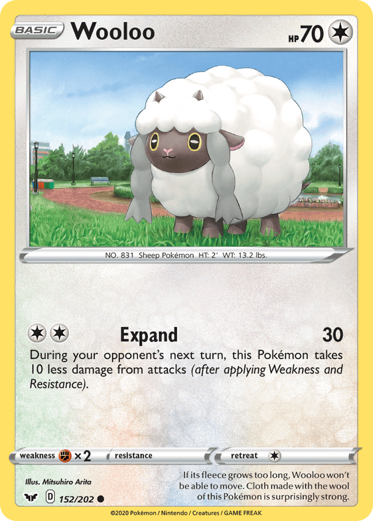Wooloo (152/202) [Sword & Shield: Base Set] collectible Pokémon card featuring a cute sheep Pokémon.