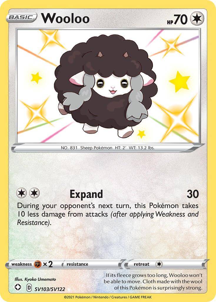 Wooloo (SV103/SV122) [Sword & Shield: Shining Fates] trading card featuring a cute sheep Pokémon with stars.