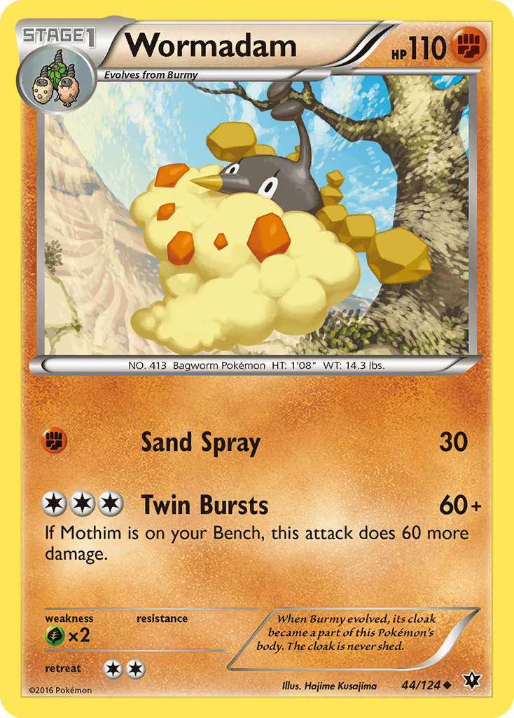 Wormadam (44/124) [XY: Fates Collide] card illustration showing Sand Spray and Twin Bursts attacks.