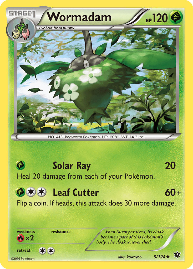 Wormadam (3/124) [XY: Fates Collide] showcasing HP 120 and abilities Solar Ray and Leaf Cutter.
