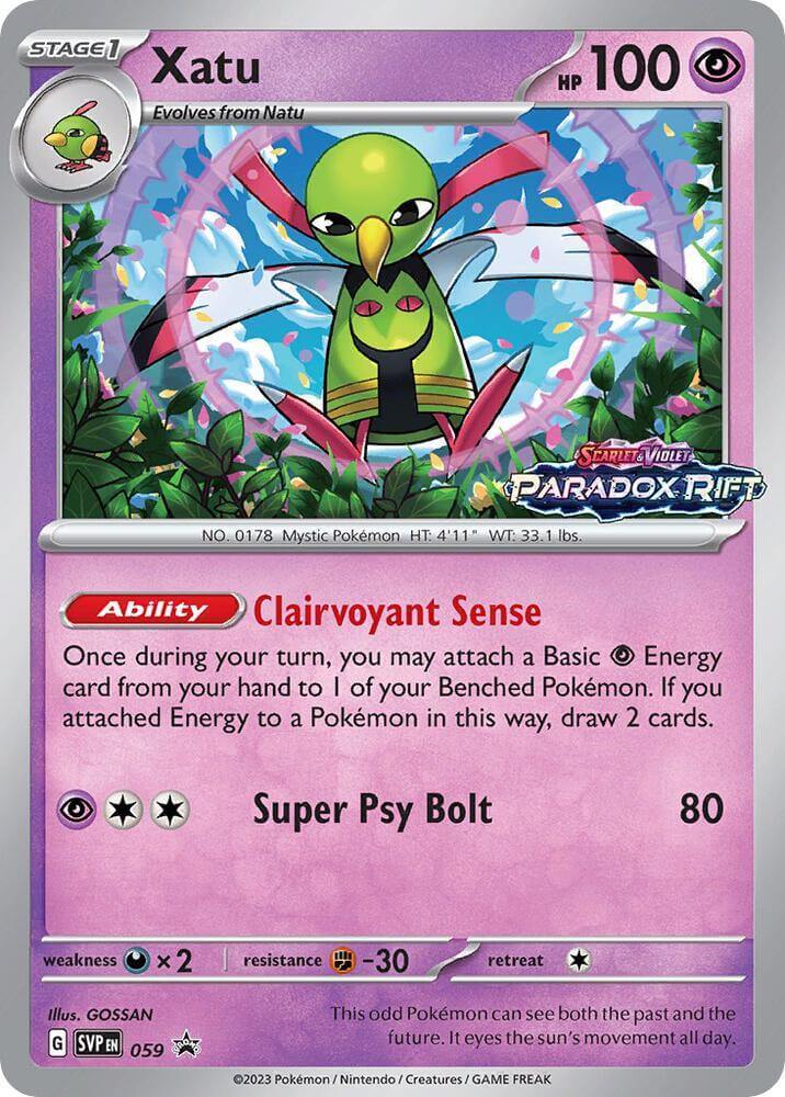 Xatu (059) [Scarlet & Violet: Black Star Promos] card featuring Clairvoyant Sense ability and Super Psy Bolt attack.
