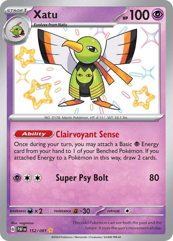 Xatu (152/091) [Scarlet & Violet: Paldean Fates] card featuring Clairvoyant Sense ability and Psychic type.