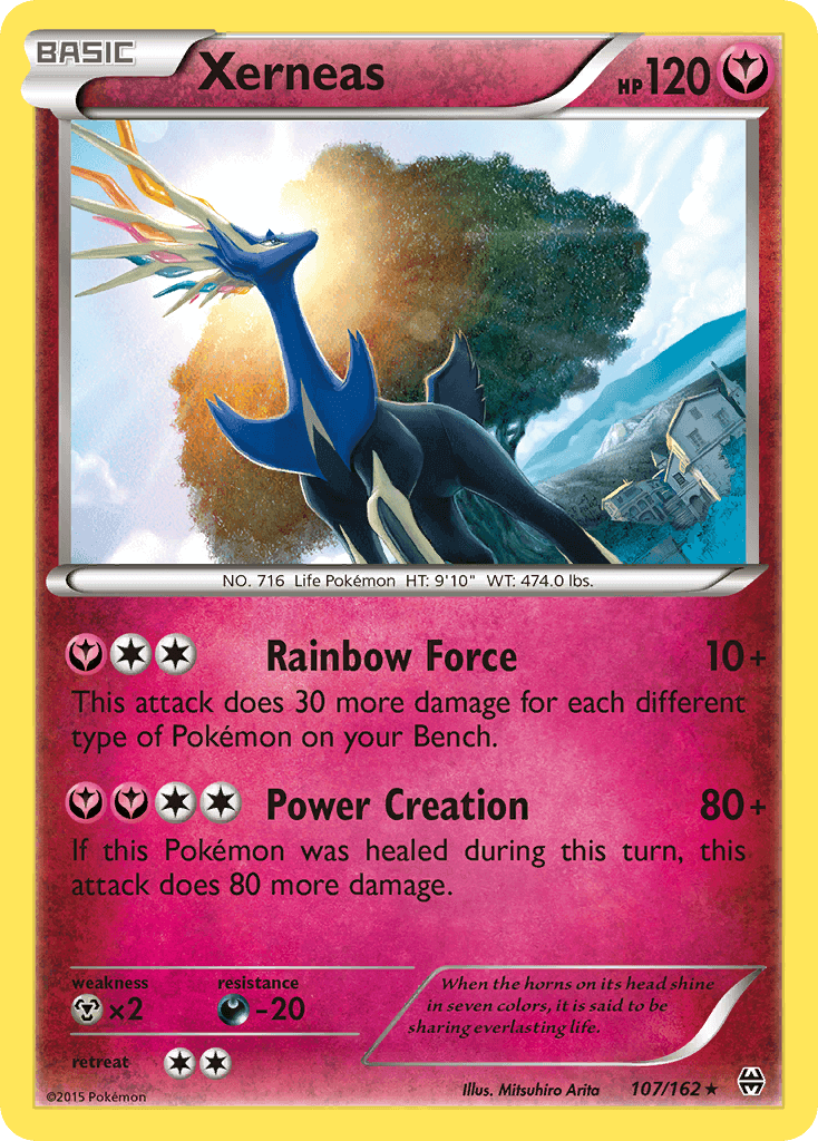 Xerneas (107/162) [XY: BREAKthrough] holo rare card showing abilities Rainbow Force and Power Creation.