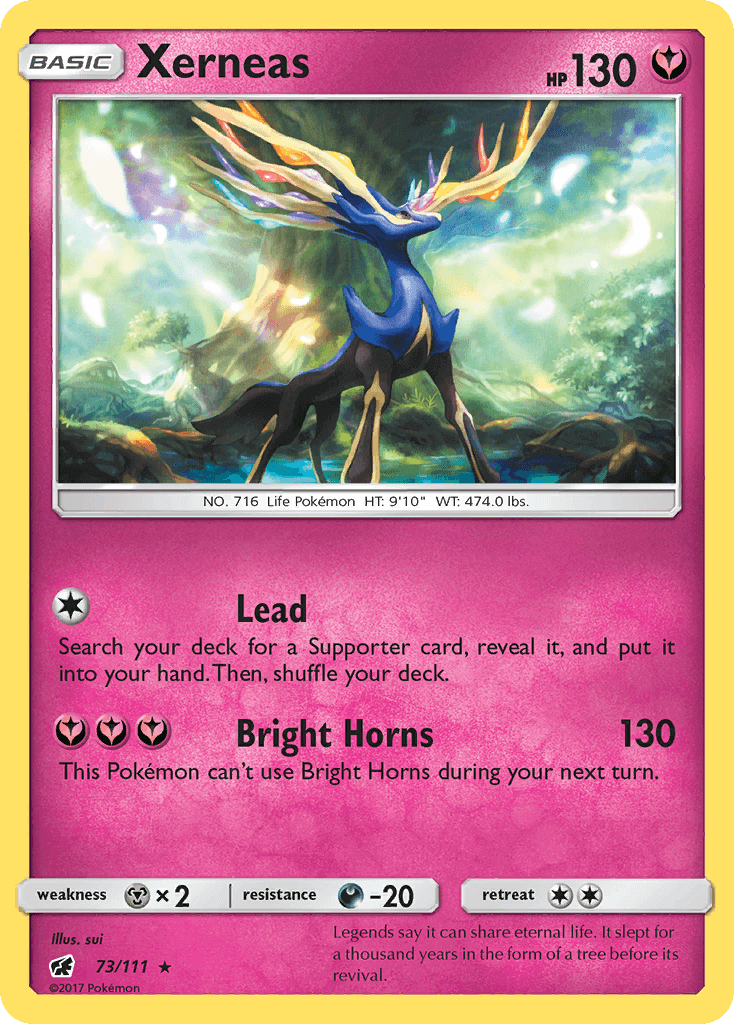 Xerneas (73/111) [Sun & Moon: Crimson Invasion] Holo Rare card showcasing its Bright Horns attack.