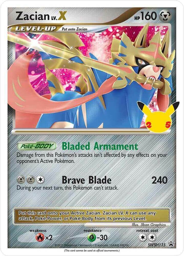 Zacian LV.X (SWSH135) (Celebrations) [Sword & Shield: Black Star Promos] card featuring abilities and stats.