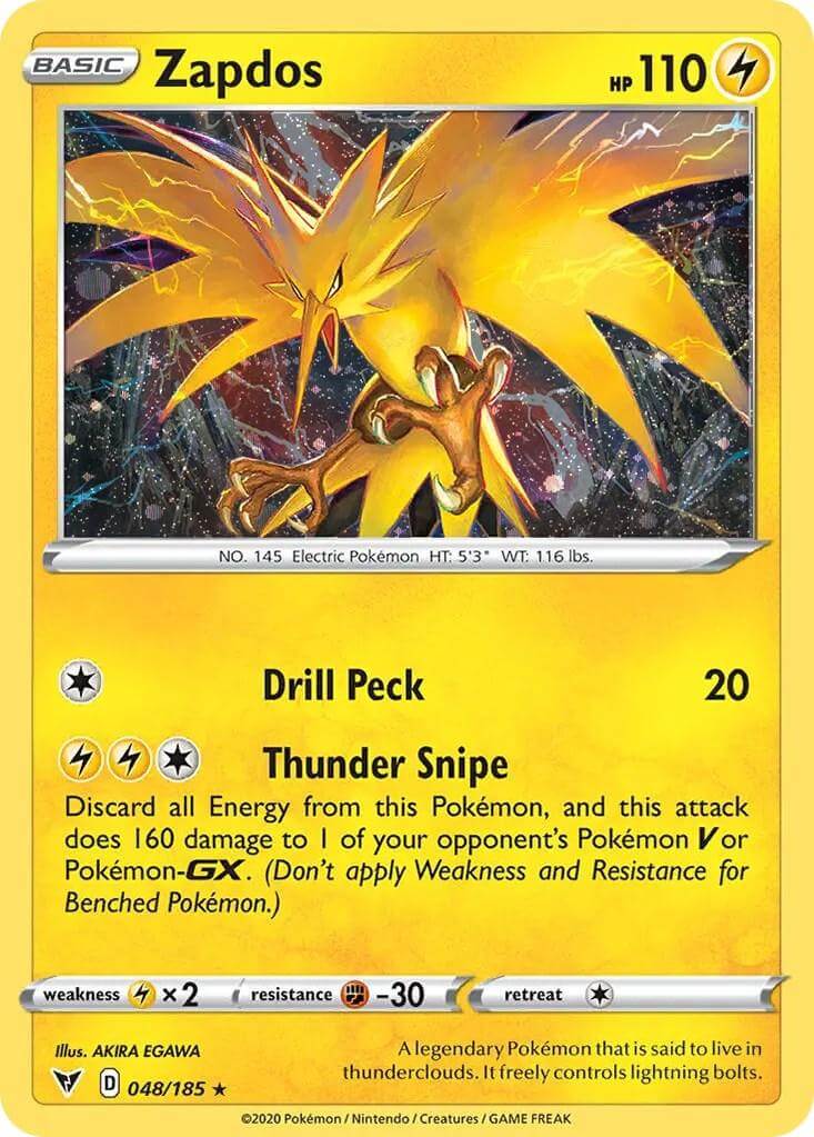 Zapdos (048/185) (Cosmos Holo) [Sword & Shield: Vivid Voltage] card with lightning type and attack details.