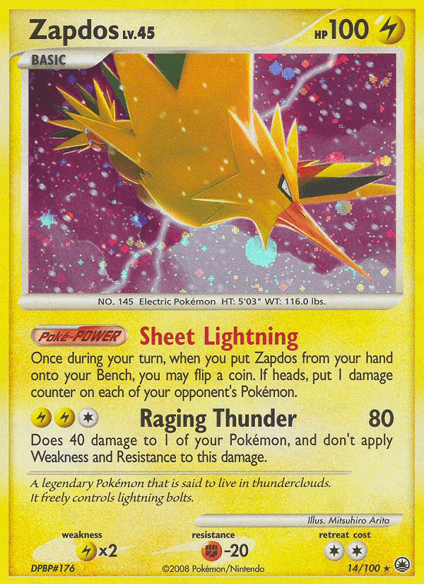 Zapdos (14/100) [Diamond & Pearl: Majestic Dawn] Holo Rare Lightning Pokémon card with Raging Thunder attack